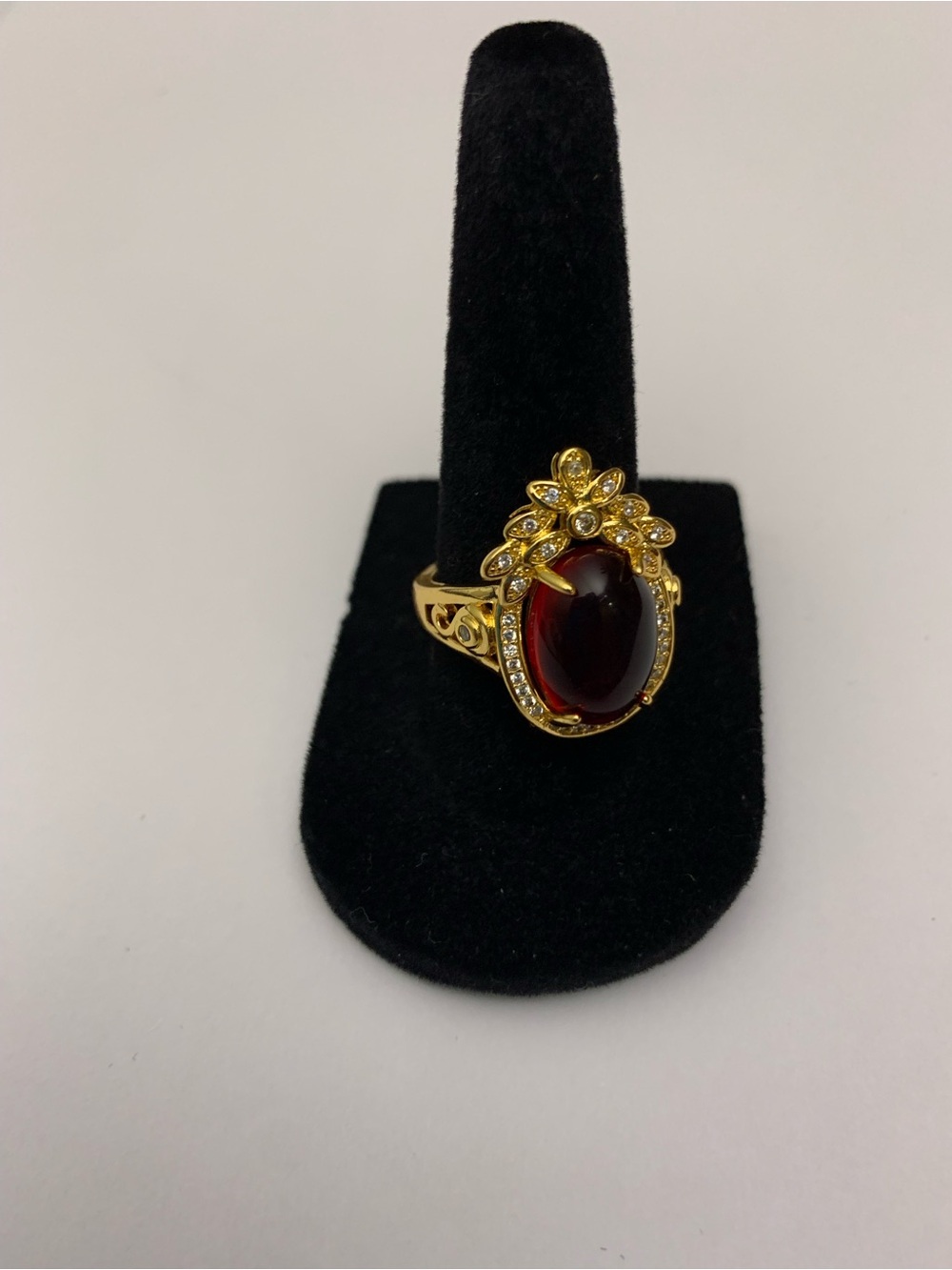 Gold Tone Ring with Red Cabochon Stone New Adjustable Size New